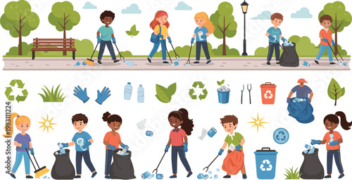 Children Cleaning Up the Park and Recycling Waste, Eco-Friendly Community Activity for Environmental Awareness and Green Initiatives