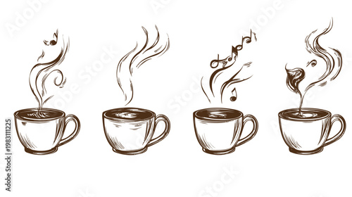 Four stylized coffee cups with steam, musical notes, and hand-drawn aesthetic on a white background