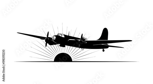 Vintage Bomber Airplane Silhouette Flying Over Sunrise Sunburst Graphic