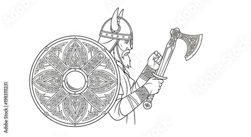 Viking warrior with axe and shield, illustration