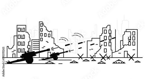 War zone, destroyed city, artillery firing, ruins, conflict, military action, urban warfare