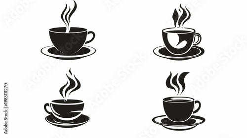 Four black and white illustrations of coffee cups with steam rising from them, each on a saucer