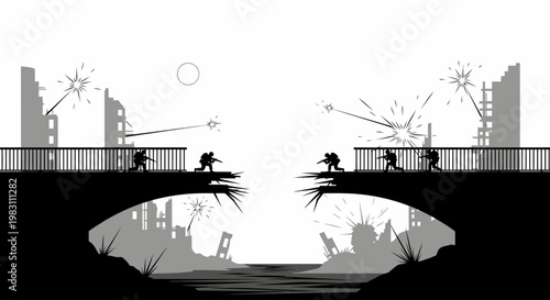 Warfare battlefield bridge destruction soldiers fighting ruins cityscape explosions