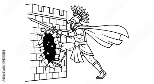 Warrior Breaking Through Brick Wall with Sword, Ancient Battle Scene