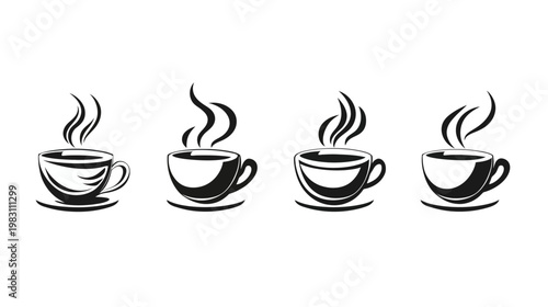 A monochrome illustration of four stylized coffee cups with steam rising above them