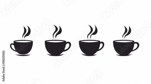Graphic illustration featuring four black coffee cups with steam rising against a white background
