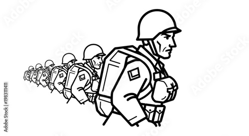 WWII Soldiers Marching in Formation, Vintage Military Illustration