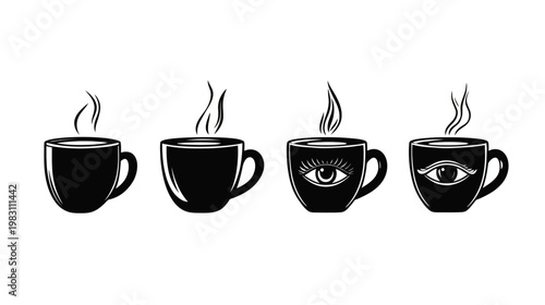 Black and white illustration of four coffee cups with steam, two with eyes
