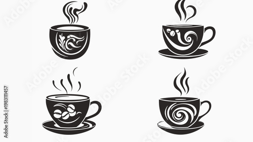 Four black and white illustrations featuring cups of coffee with steam and ornate designs