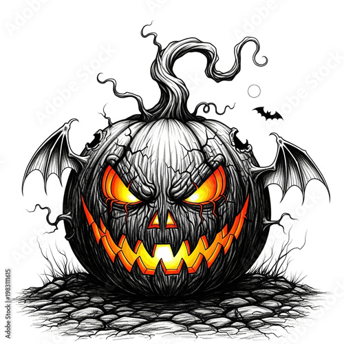 Scary Halloween Pumpkin Jack-o-lantern with Bat Wings, Glowing Eyes, and Creepy Face
