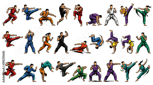 Collection of diverse martial arts practitioners demonstrating various dynamic combat stances and high-energy kicks in a vibrant, illustrative style.