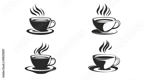 Four stylized cups of coffee with steam rising, on saucers, black and white illustrations