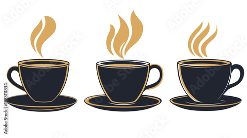 Three stylized coffee cups with steam rising, in navy blue and gold hues, on white background