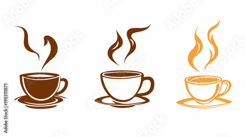 Three stylized depictions of coffee cups, steam rising, each with different hues of brown and orange