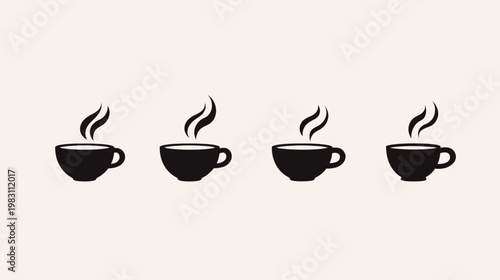 A minimalistic depiction featuring four steaming coffee cups in black against a cream background