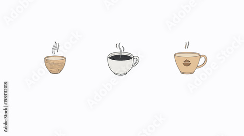 Three stylized, steaming coffee or tea cups and a bowl on a white background, minimal design