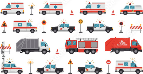 Emergency Vehicle and Road Safety Icon Set Featuring Ambulance Police Fire Truck Warning Signs and Traffic Control Elements for Rescue and Public Safety Design