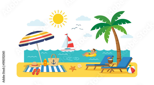 Beach scene with palm tree chair.