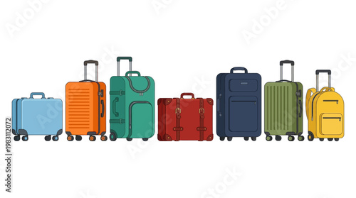 Multicolored luggage on wheels aligned.