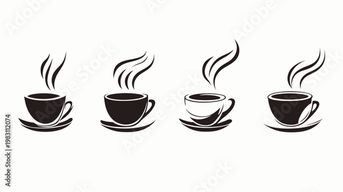 A stylized illustration featuring four coffee cups with rising steam. Each cup is on a saucer