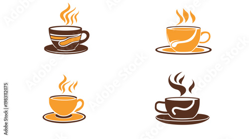 Four stylized coffee cup illustrations, each steaming, set against a stark white backdrop