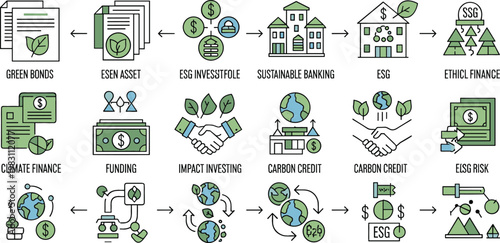 ESG investing and sustainable finance icons set featuring green bonds, ethical banking, carbon credits, impact investing and climate finance vector illustration
