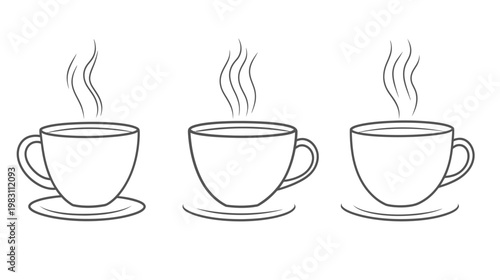 Monochrome illustration of three steaming cups, featuring steam and circular saucers