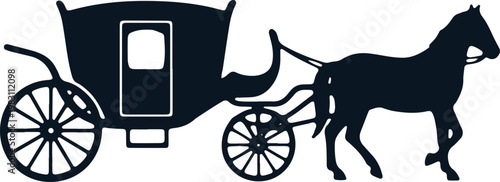 Elegant black silhouette of a horse-drawn carriage on a plain background