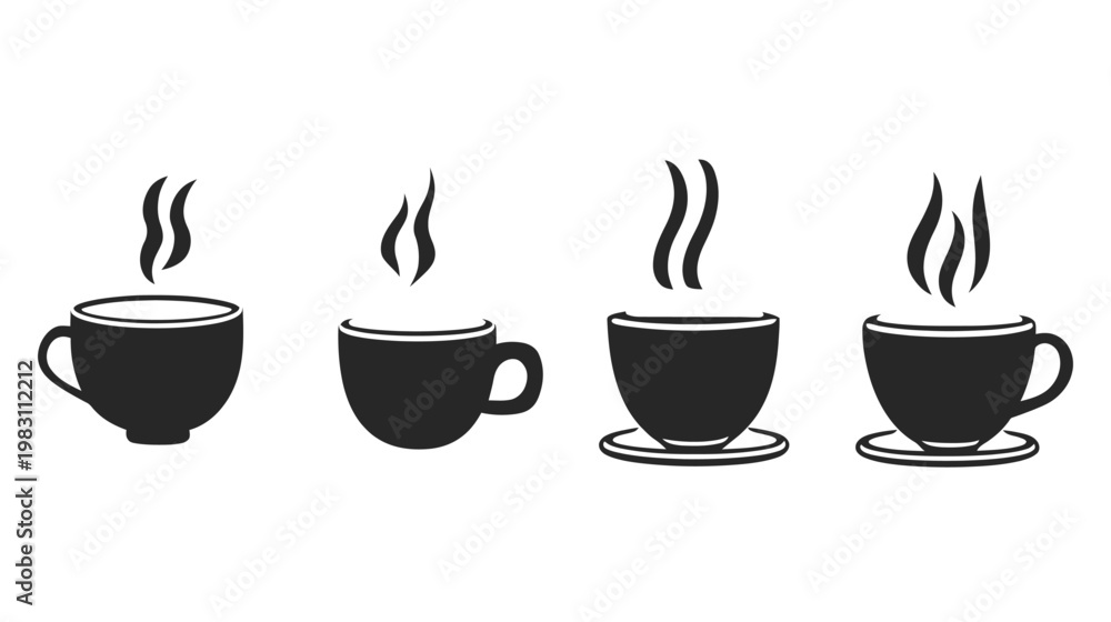 Obraz premium A collection of four black and white silhouette illustrations, depicting hot beverages