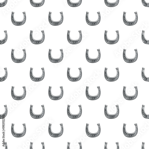Horseshoe pattern features repeating cast iron good luck symbols on a white background