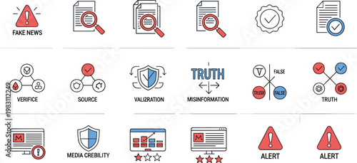 Fake news detection and media credibility icons set featuring misinformation, fact checking, verification, source validation, truth analysis, alerts and digital information trust vector illustration