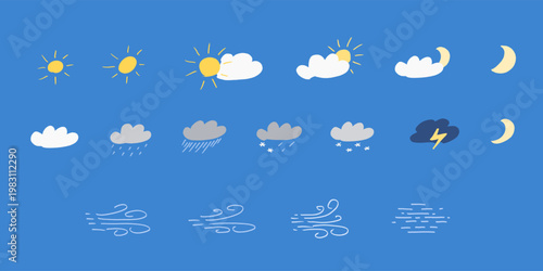Weather forecast hand drawn icon set. Weather forecast doodle style symbols collection. Sun, rain, clouds and other weather colorful icons.