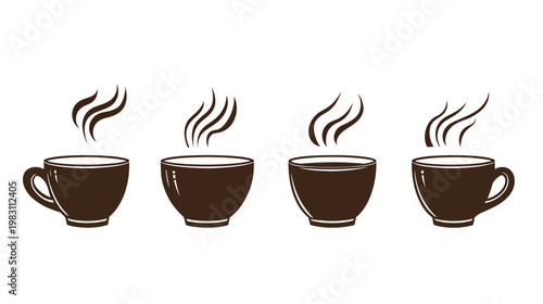 A collection of four brown coffee cups with steam rising, on a white background