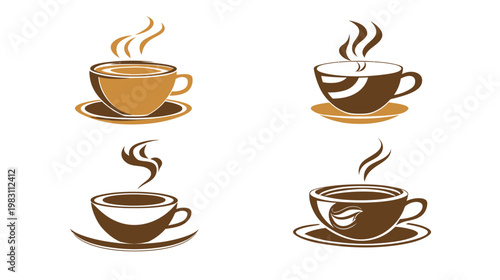 Four stylized coffee cup illustrations in varying brown and tan color schemes on a white backdrop