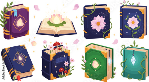 Fantasy Magic Spell Books Collection with Flowers, Crystals and Enchanted Elements, Cute Fairytale Wizard Notebooks and Mystic Grimoire Illustration Set