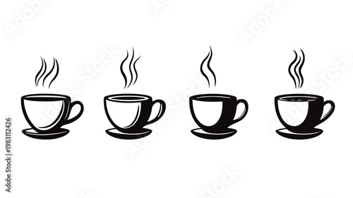 A collection of four black and white, steaming coffee cups with saucers on a white background