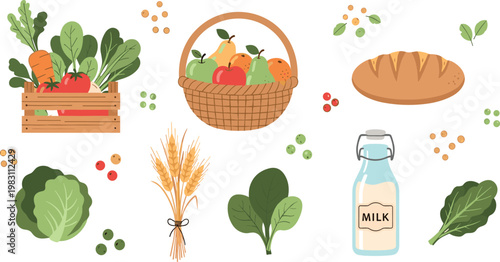 Farm Fresh Organic Food Illustration Set with Vegetables Fruits Bread Milk and Natural Produce Elements for Healthy Lifestyle and Agriculture Design