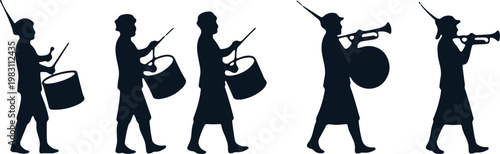 Marching band members carrying various musical instruments in a procession