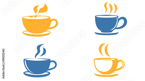 Collection of stylized illustrations of coffee cups in different colors, shapes, and steam