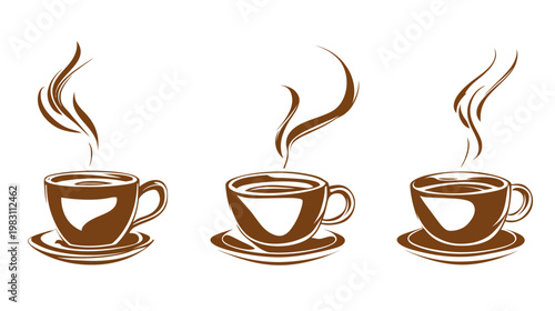 Three stylized coffee cups with steam, each on a saucer, rendered in brown against a white background