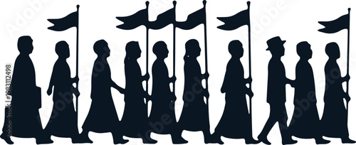 Silhouettes of people marching together holding flags in a parade