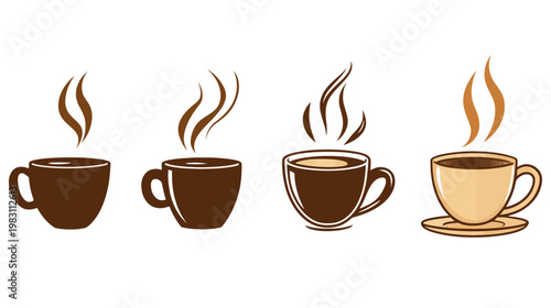 Four stylized coffee cup illustrations with steam rising, varying in shape and color, on white