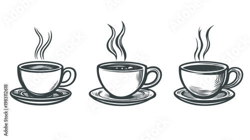 Three line art coffee cups, each steaming, on saucers, rendered in a grayscale