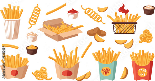 French fries fast food collection with potato wedges, curly fries, dipping sauces and takeaway boxes, crispy snack street food vector illustration set