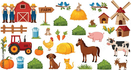 Farm life elements collection with barn, tractor, farmers, cow, horse, pig, chicken, windmill, hay bale, and rural agriculture vector illustration set