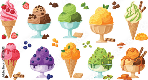 SDelicious Ice Cream Cones and Bowls with Various Flavors and Toppings, Sweet Treats Illustration for Dessert and Summer Designs