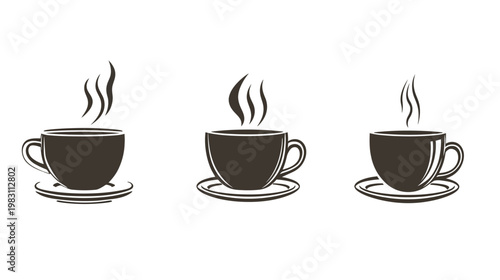 Three minimalist vector illustrations of coffee cups with steam rising, on saucers