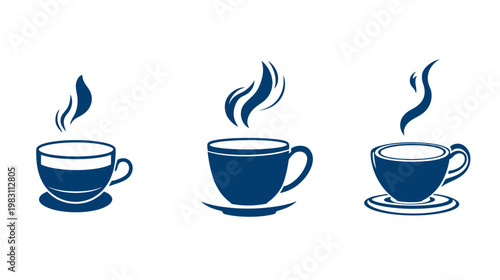Three simple dark blue cup illustrations, each with steam rising above on a white background