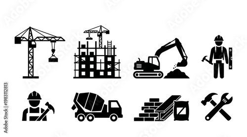 Construction worker with tools and machines.