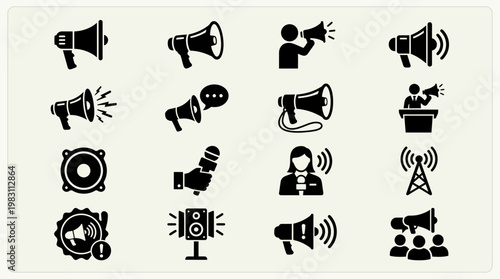 Black icons of loudspeakers and microphones.